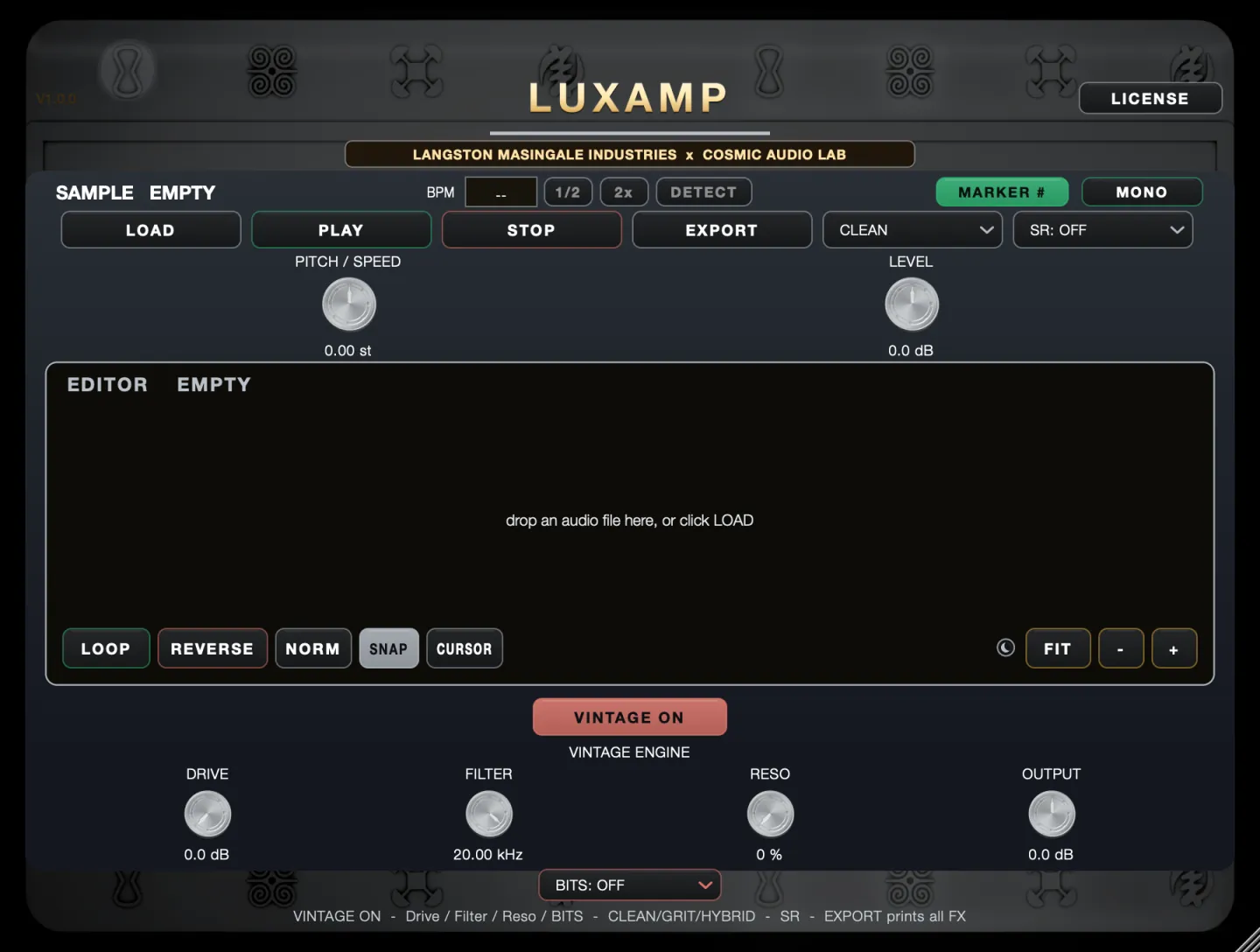 Luxamp split down the middle: the sample editor and vintage engine in the dark theme on the left, the same interface in the gold theme on the right