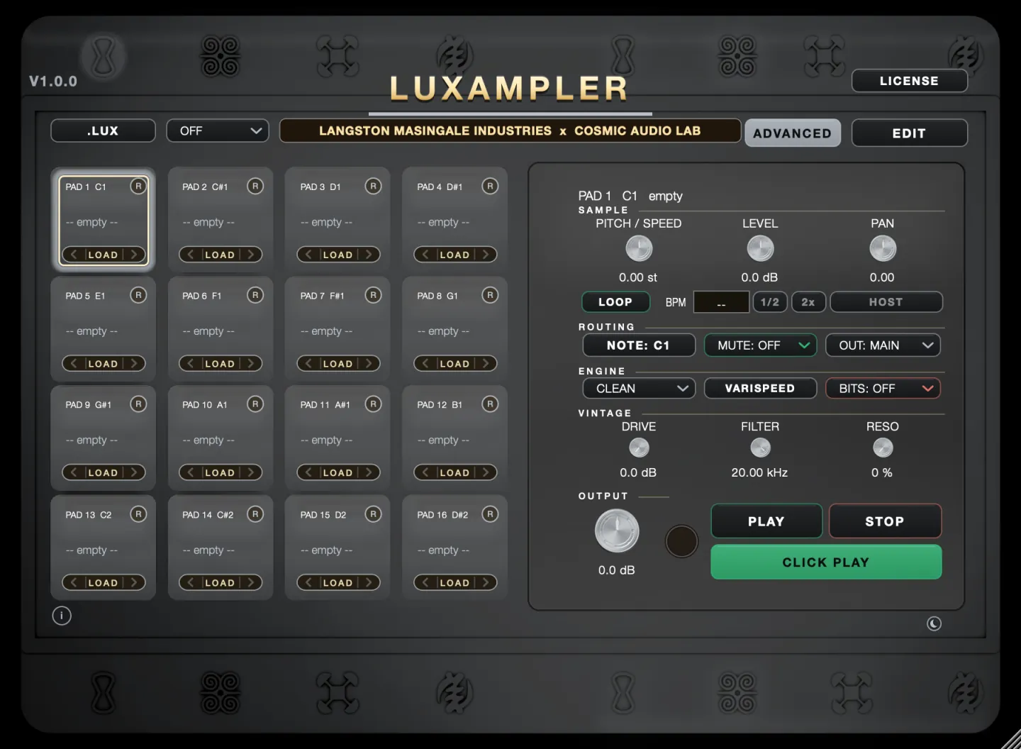 Luxampler split down the middle: sixteen pads and the per pad panel in the dark theme on the left, the same interface in the gold theme on the right