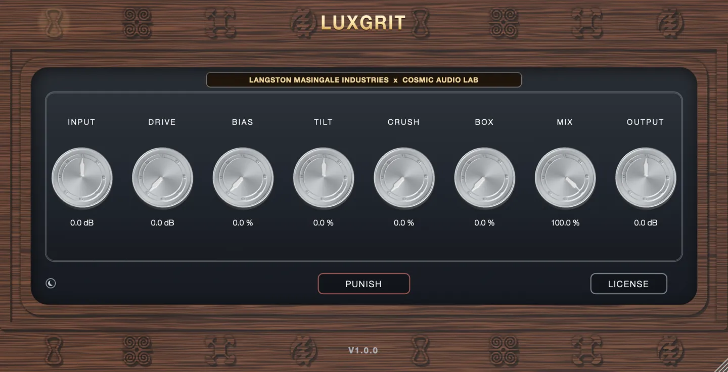 LuxGrit split down the middle: the dark theme on the left, silver knobs on a graphite console, and the gold theme on the right, gold knobs on a cream console, both in the same walnut frame